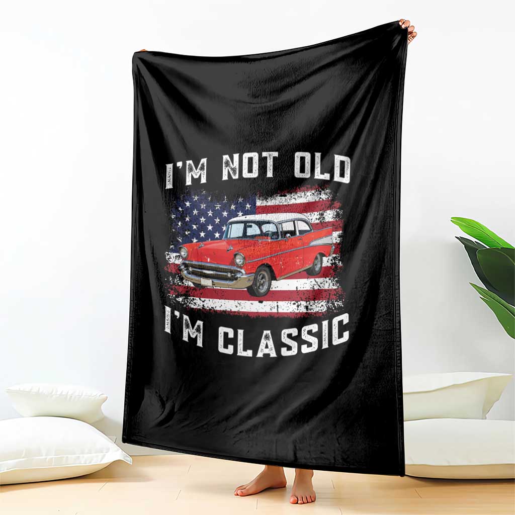 I'm Not Old I'm Classic Throw Blanket Vintage 1957 Hot Rod Silhouette Patriotic American Flag