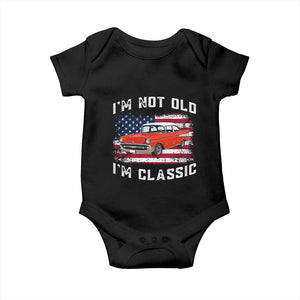 I'm Not Old I'm Classic Baby Onesie Vintage 1957 Hot Rod Silhouette Patriotic American Flag