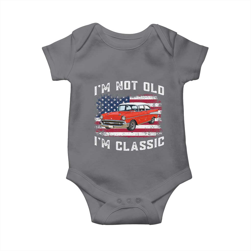 I'm Not Old I'm Classic Baby Onesie Vintage 1957 Hot Rod Silhouette Patriotic American Flag