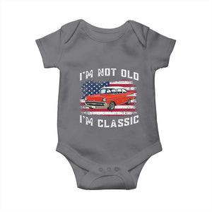 I'm Not Old I'm Classic Baby Onesie Vintage 1957 Hot Rod Silhouette Patriotic American Flag