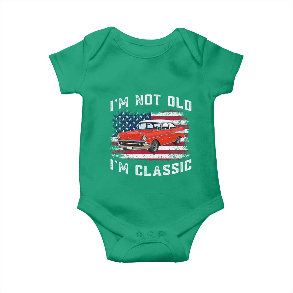 I'm Not Old I'm Classic Baby Onesie Vintage 1957 Hot Rod Silhouette Patriotic American Flag