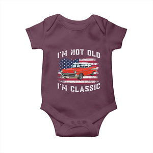I'm Not Old I'm Classic Baby Onesie Vintage 1957 Hot Rod Silhouette Patriotic American Flag