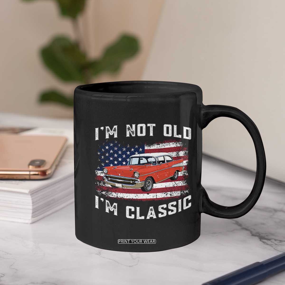 I'm Not Old I'm Classic Coffee Mug Vintage 1957 Hot Rod Silhouette Patriotic American Flag