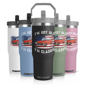I'm Not Old I'm Classic Flip Straw Tumbler Vintage 1957 Hot Rod Silhouette Patriotic American Flag