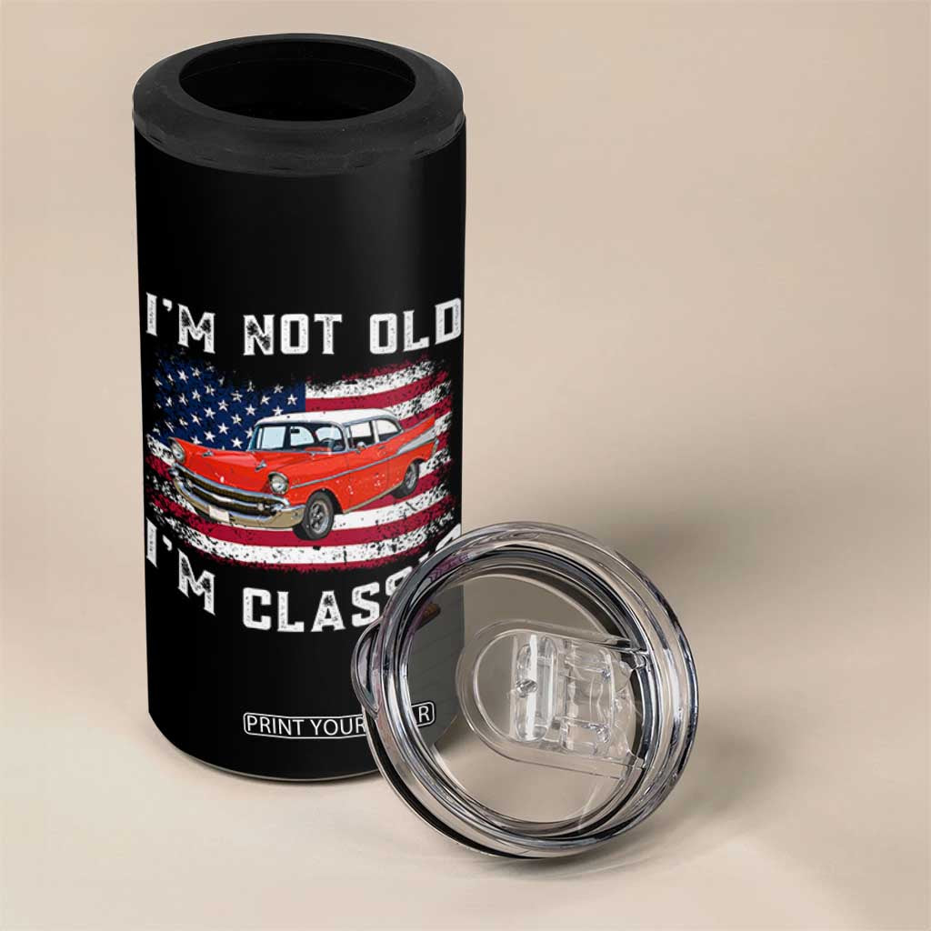 I'm Not Old I'm Classic 4 in 1 Can Cooler Tumbler Vintage 1957 Hot Rod Silhouette Patriotic American Flag