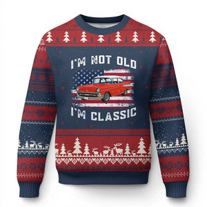 I'm Not Old I'm Classic Ugly Christmas Sweater Vintage 1957 Hot Rod Silhouette Patriotic American Flag