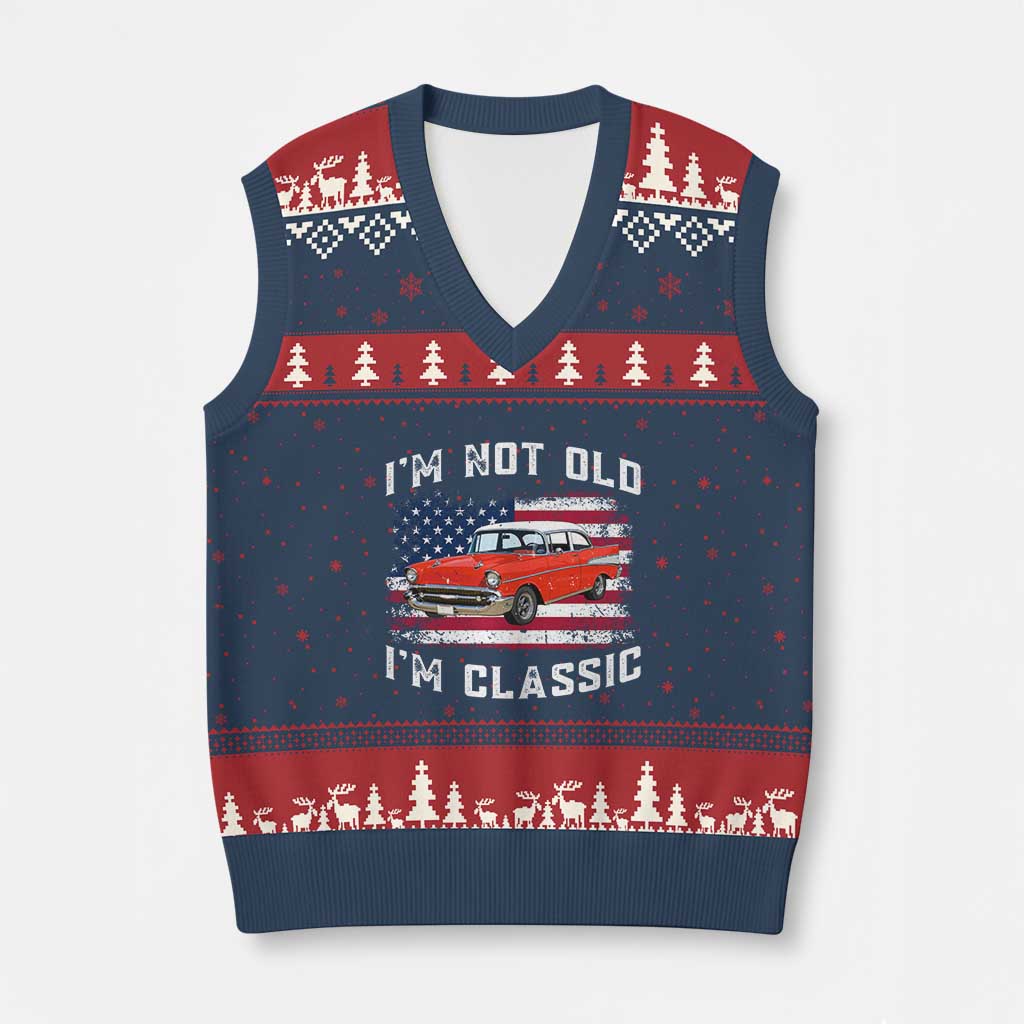 I'm Not Old I'm Classic V-Neck Knit Sweater Vest Vintage 1957 Hot Rod Silhouette Patriotic American Flag