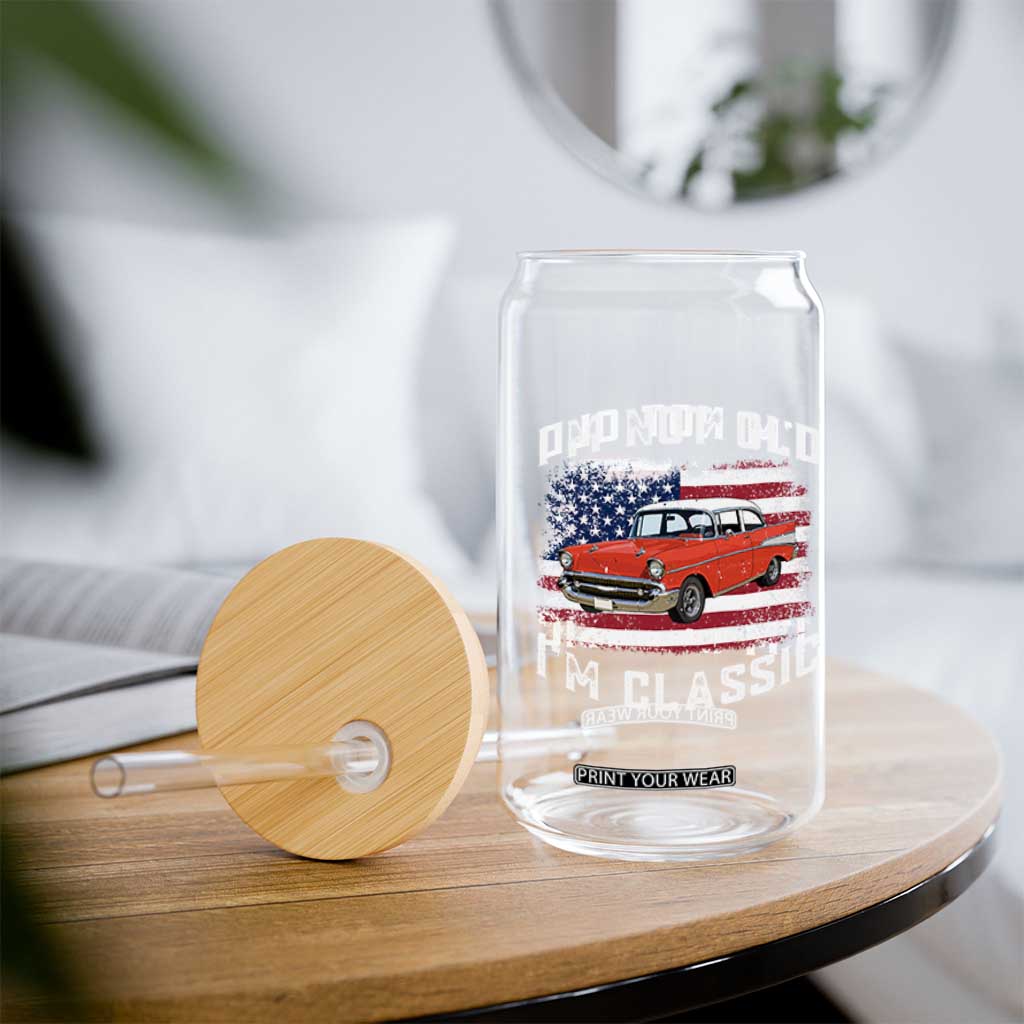 I'm Not Old I'm Classic Glass Can Vintage 1957 Hot Rod Silhouette Patriotic American Flag