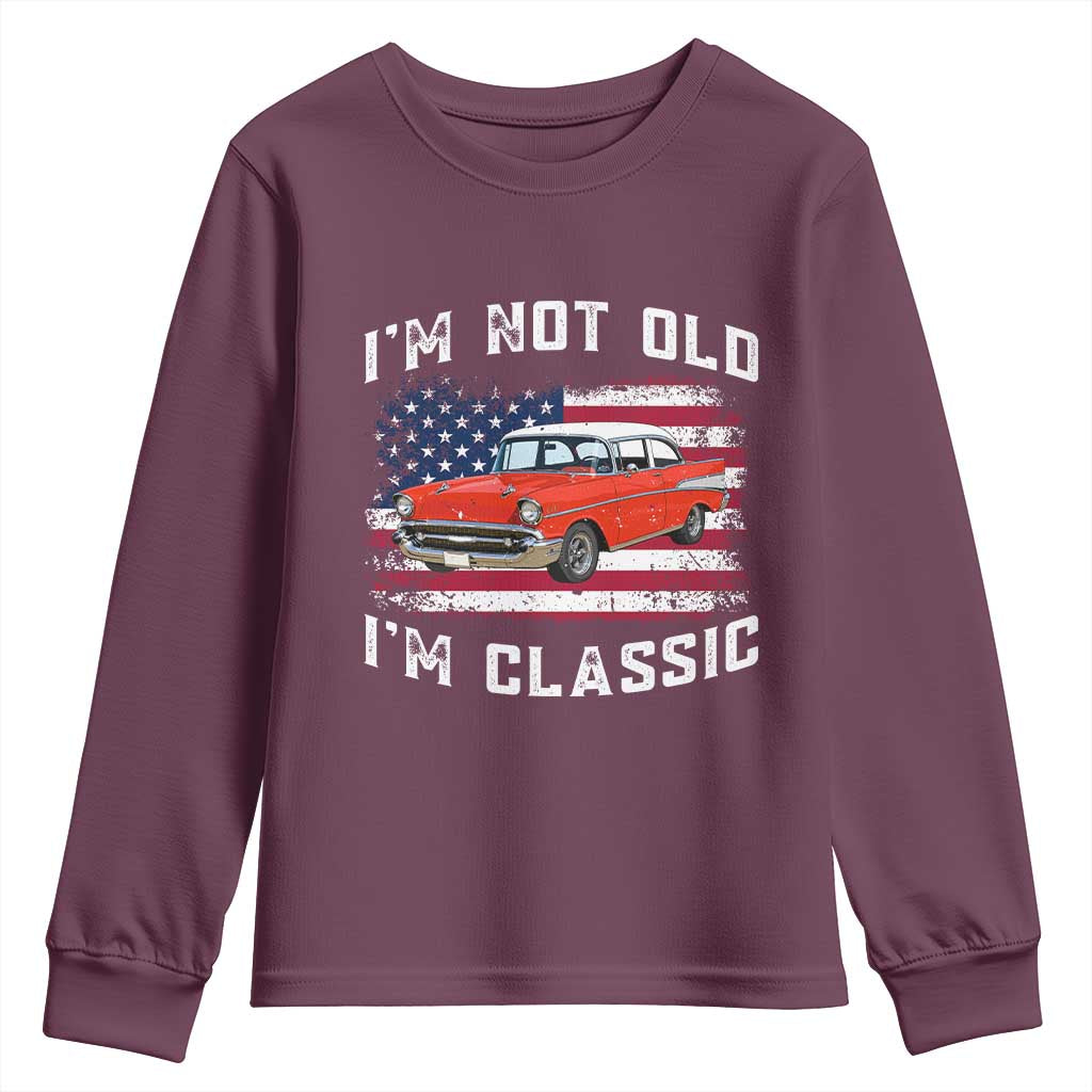 I'm Not Old I'm Classic Youth Sweatshirt Vintage 1957 Hot Rod Silhouette Patriotic American Flag