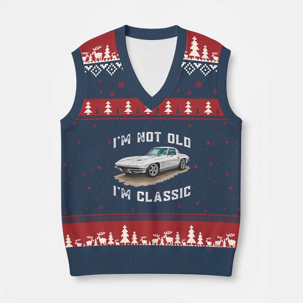 I'm Not Old I'm Classic V-Neck Knit Sweater Vest Vintage 1963 Sports Car Retro Americana