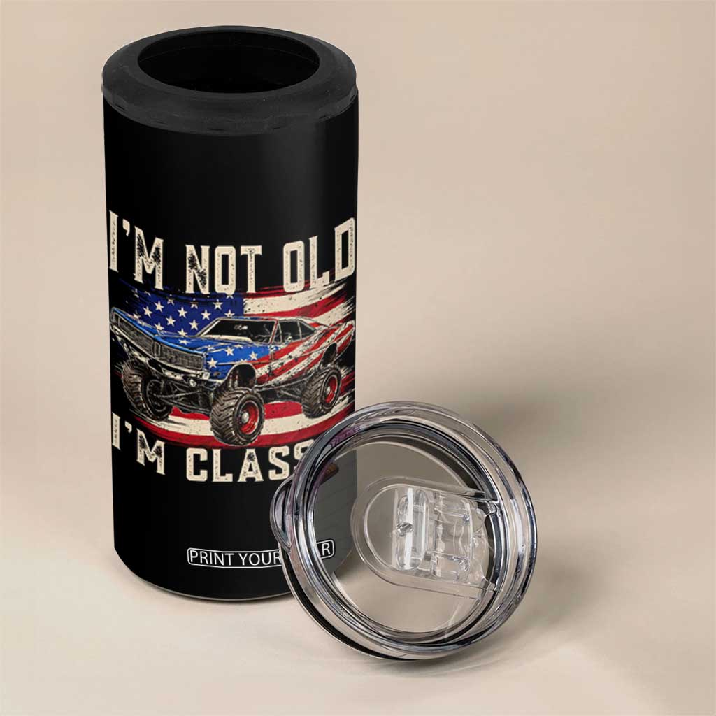 I'm Not Old I'm Classic 4 in 1 Can Cooler Tumbler Vintage Car American Flag 4th of July