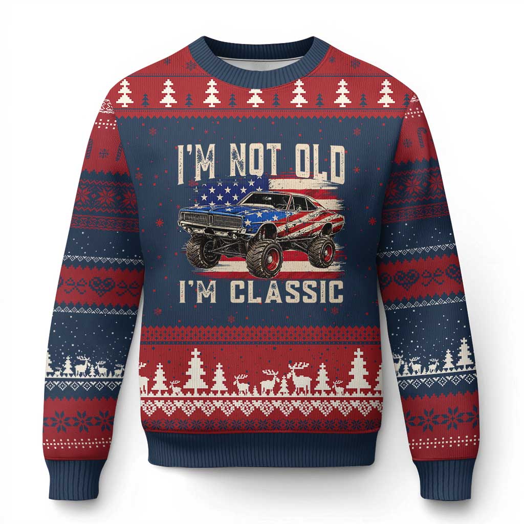 I'm Not Old I'm Classic Ugly Christmas Sweater Vintage Car American Flag 4th of July TS14 Navy Red Print Your Wear