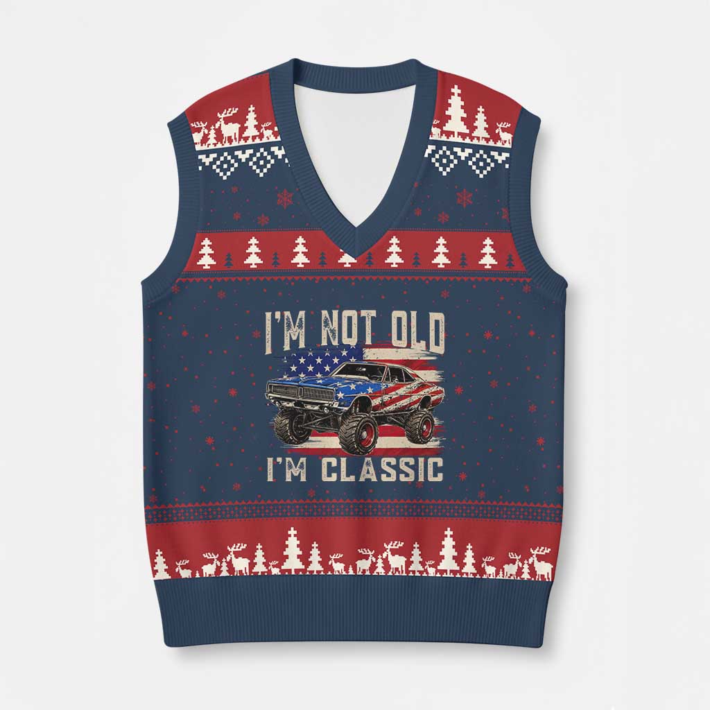 I'm Not Old I'm Classic V-Neck Knit Sweater Vest Vintage Car American Flag 4th of July TS14 Navy Red Print Your Wear