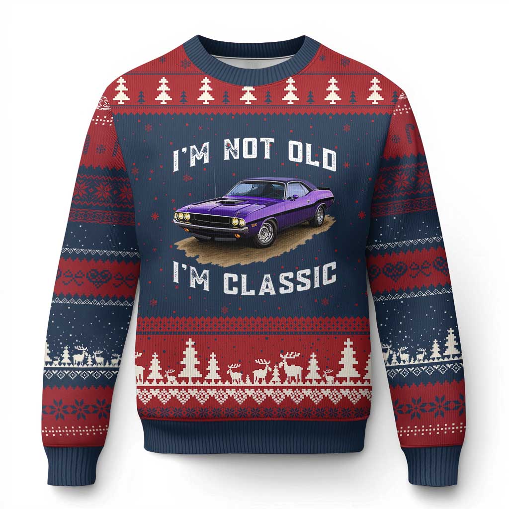 I'm Not Old I'm Classic Ugly Christmas Sweater Vintage 1970 Purple Classic Muscle Car