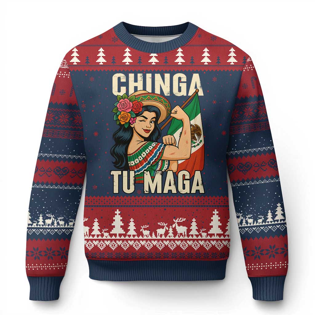 Chinga Tu Maga Protest Ugly Christmas Sweater Funny Mexican Women TS14 Navy Red Print Your Wear