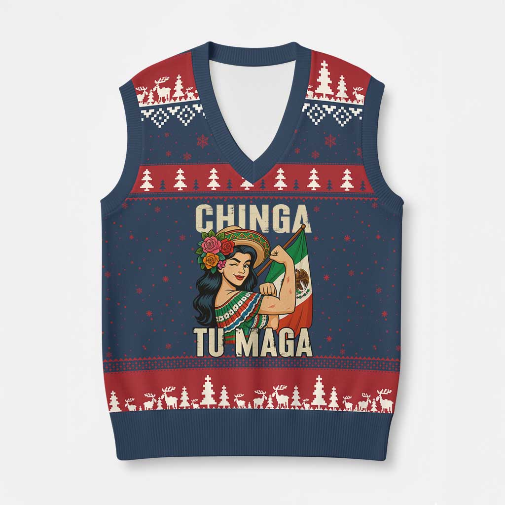 Chinga Tu Maga Protest V-Neck Knit Sweater Vest Funny Mexican Women TS14 Navy Red Print Your Wear