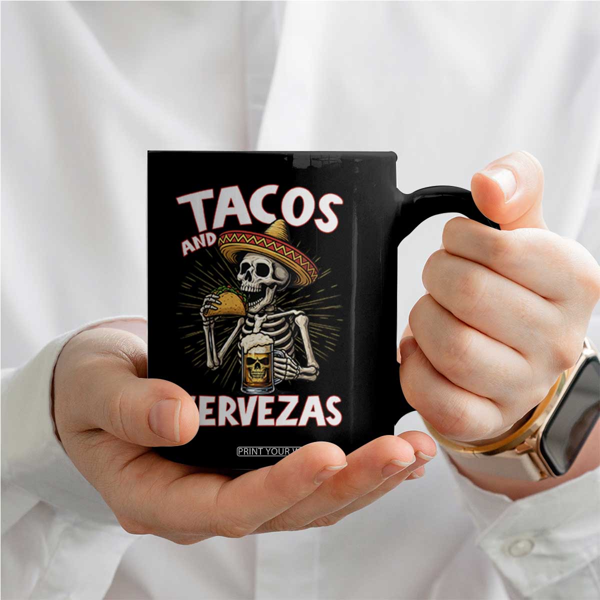 Tacos and Cervezas Coffee Mug Funny Skeleton Drinking Beer Lovers TS14 Print Your Wear