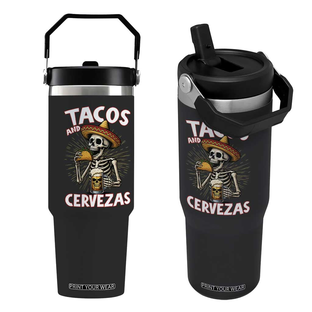Tacos and Cervezas Flip Straw Tumbler Funny Skeleton Drinking Beer Lovers TS14 One Size: 30 oz Black Print Your Wear