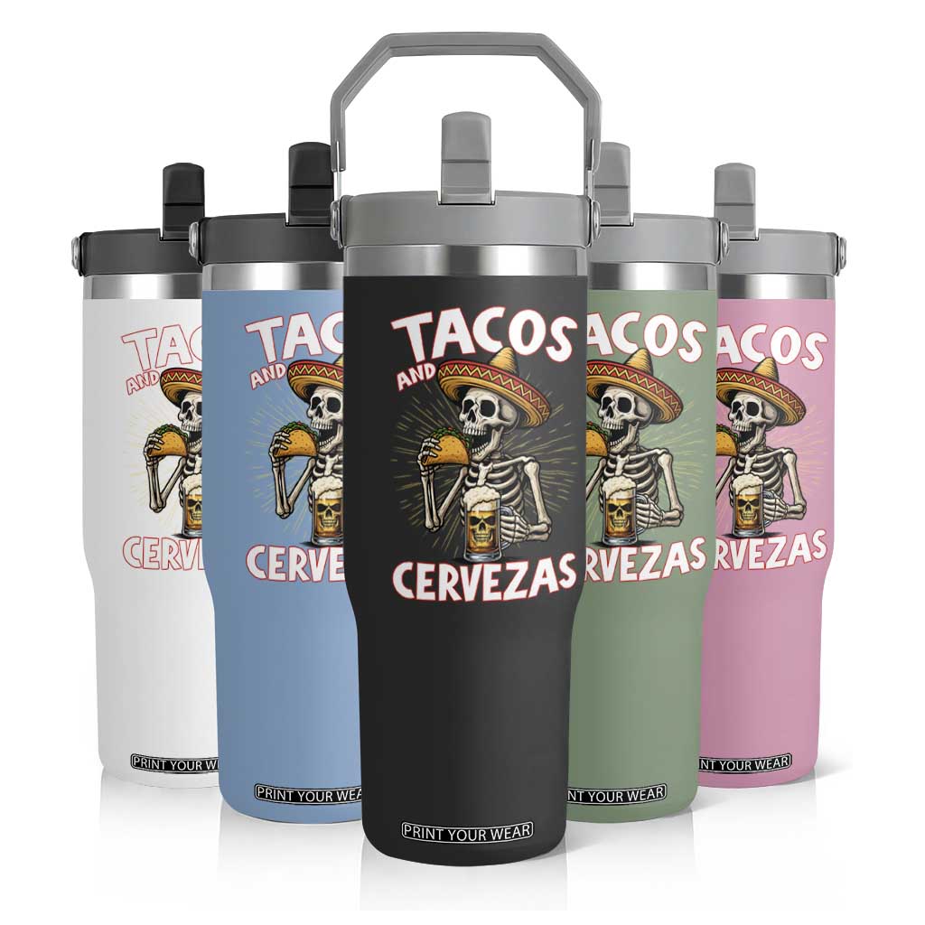 Tacos and Cervezas Flip Straw Tumbler Funny Skeleton Drinking Beer Lovers TS14 Print Your Wear