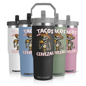 Tacos and Cervezas Flip Straw Tumbler Funny Skeleton Drinking Beer Lovers TS14 Print Your Wear