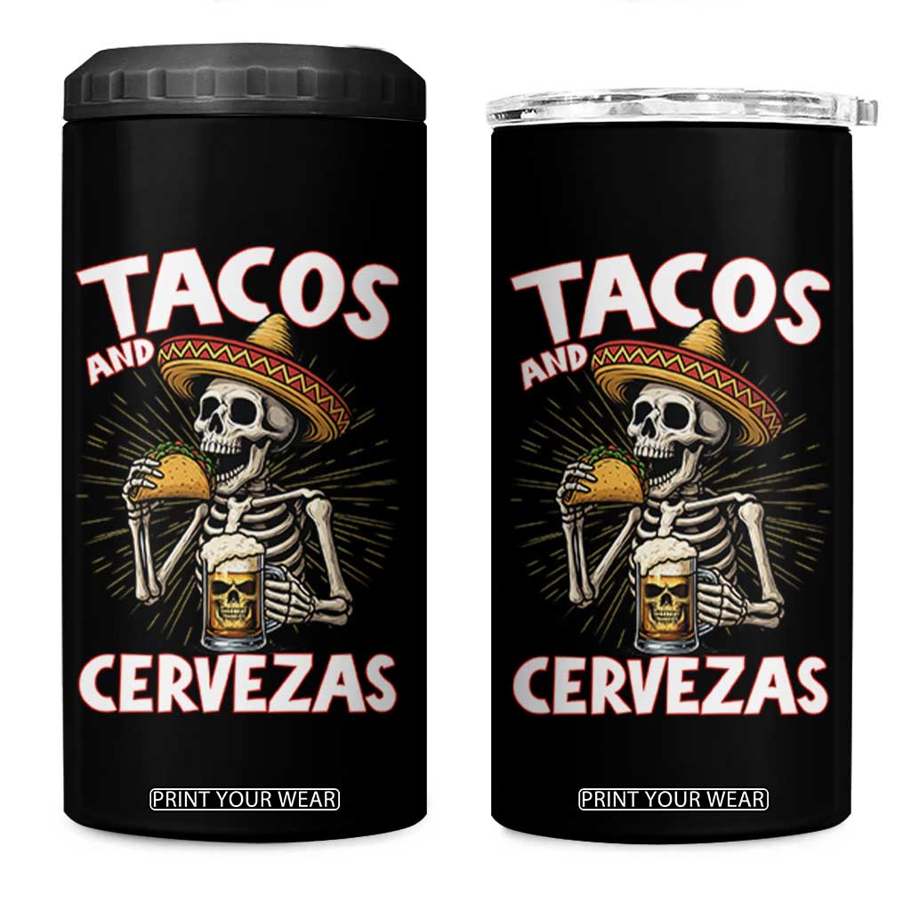 Tacos and Cervezas 4 in 1 Can Cooler Tumbler Funny Skeleton Drinking Beer Lovers TS14 One Size: 16 oz Black Print Your Wear