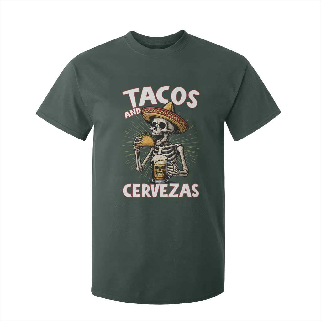 Tacos and Cervezas T Shirt For Kid Funny Skeleton Drinking Beer Lovers TS14 Dark Forest Green Print Your Wear