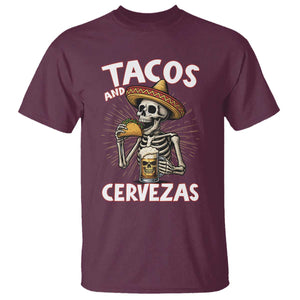 Tacos and Cervezas T Shirt Funny Skeleton Drinking Beer Lovers TS14 Maroon Print Your Wear