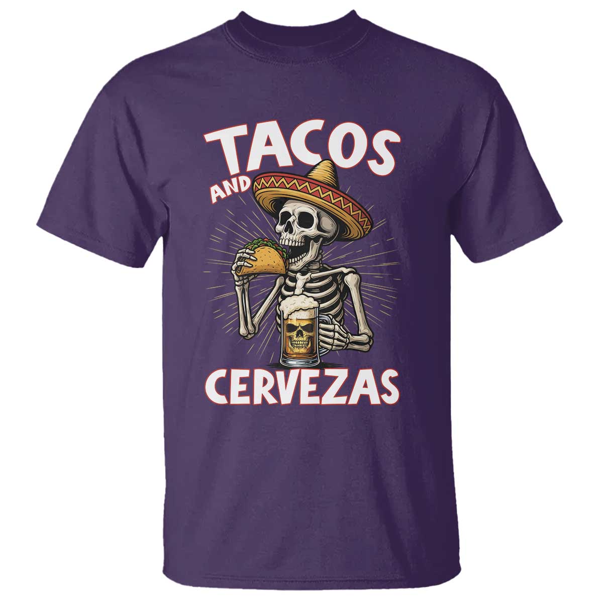 Tacos and Cervezas T Shirt Funny Skeleton Drinking Beer Lovers TS14 Purple Print Your Wear