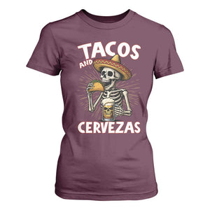 Tacos and Cervezas T Shirt For Women Funny Skeleton Drinking Beer Lovers TS14 Maroon Print Your Wear