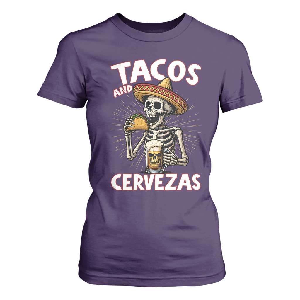 Tacos and Cervezas T Shirt For Women Funny Skeleton Drinking Beer Lovers TS14 Purple Print Your Wear