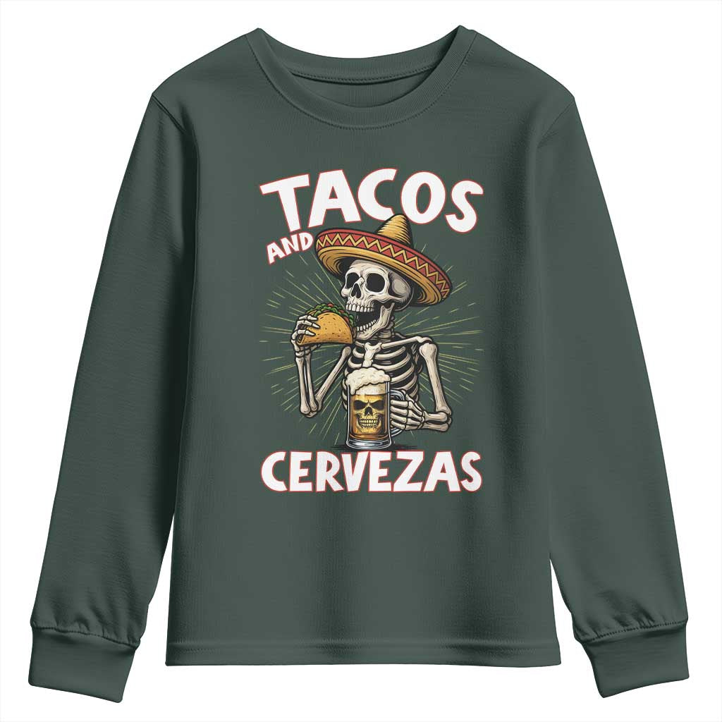 Tacos and Cervezas Youth Sweatshirt Funny Skeleton Drinking Beer Lovers TS14 Dark Forest Green Print Your Wear