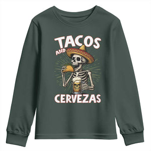Tacos and Cervezas Youth Sweatshirt Funny Skeleton Drinking Beer Lovers TS14 Dark Forest Green Print Your Wear