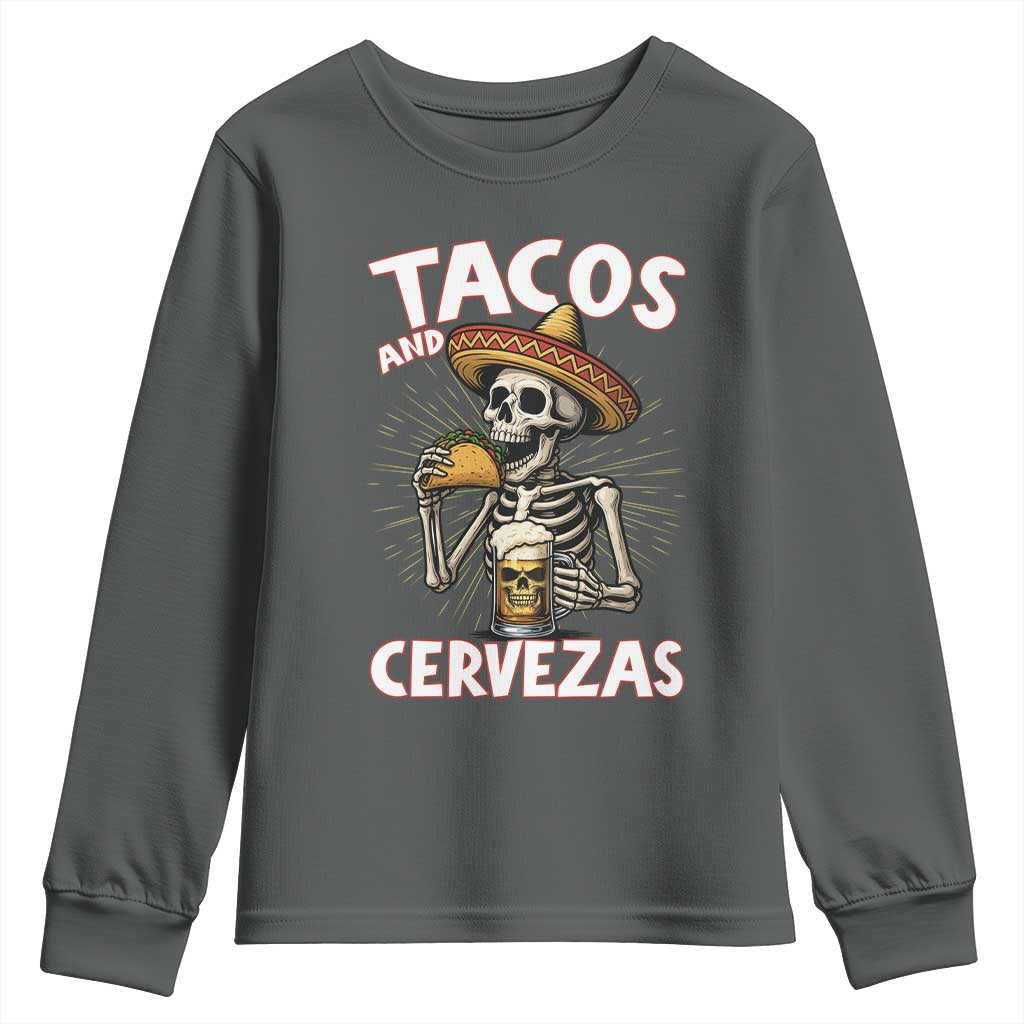 Tacos and Cervezas Youth Sweatshirt Funny Skeleton Drinking Beer Lovers TS14 Dark Heather Print Your Wear