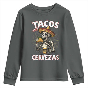 Tacos and Cervezas Youth Sweatshirt Funny Skeleton Drinking Beer Lovers TS14 Dark Heather Print Your Wear