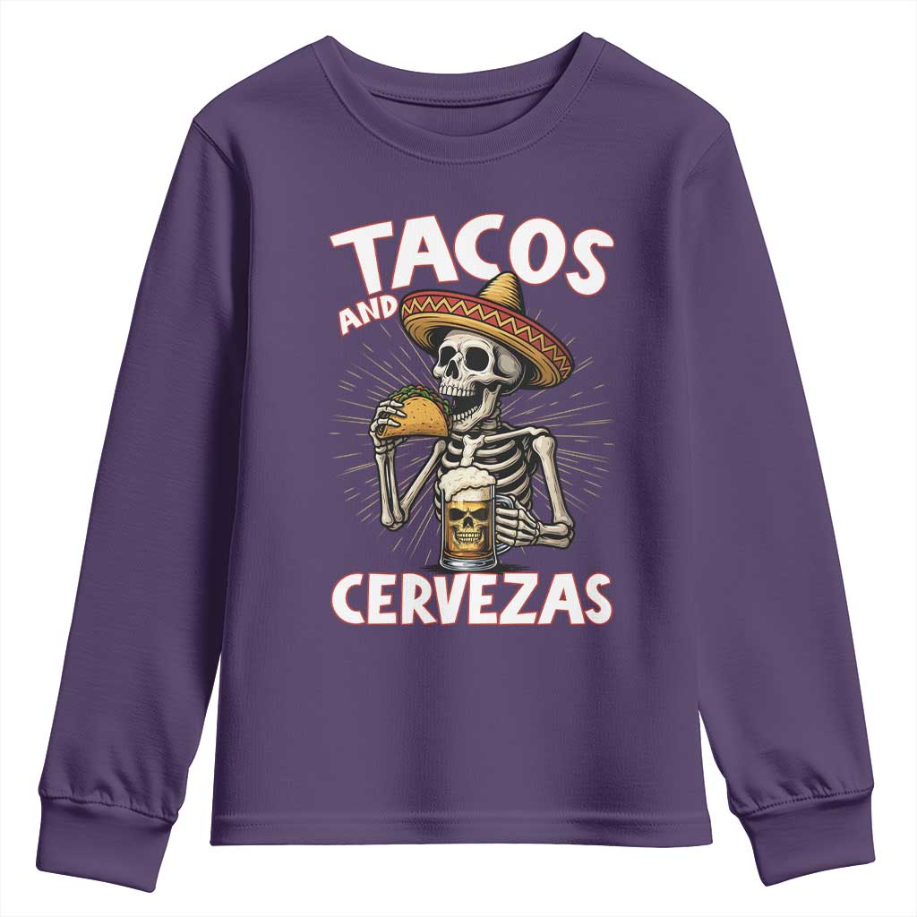 Tacos and Cervezas Youth Sweatshirt Funny Skeleton Drinking Beer Lovers TS14 Purple Print Your Wear