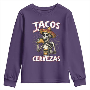 Tacos and Cervezas Youth Sweatshirt Funny Skeleton Drinking Beer Lovers TS14 Purple Print Your Wear