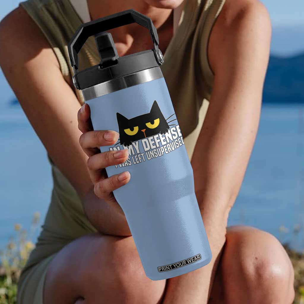 Sarcastic Black Cat Flip Straw Tumbler In My Defense I Was Left Unsupervised TS14 One Size: 30 oz Light Blue Print Your Wear