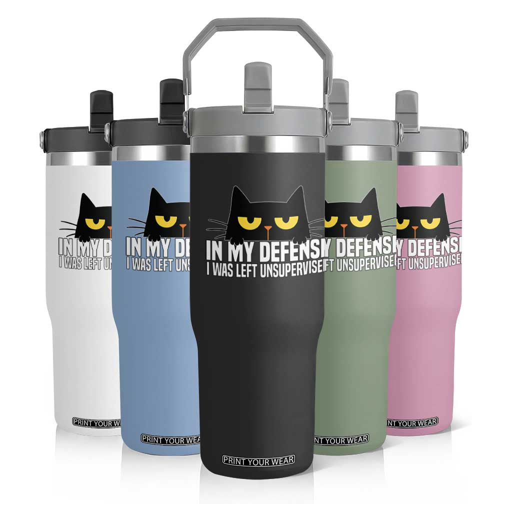 Sarcastic Black Cat Flip Straw Tumbler In My Defense I Was Left Unsupervised TS14 Print Your Wear