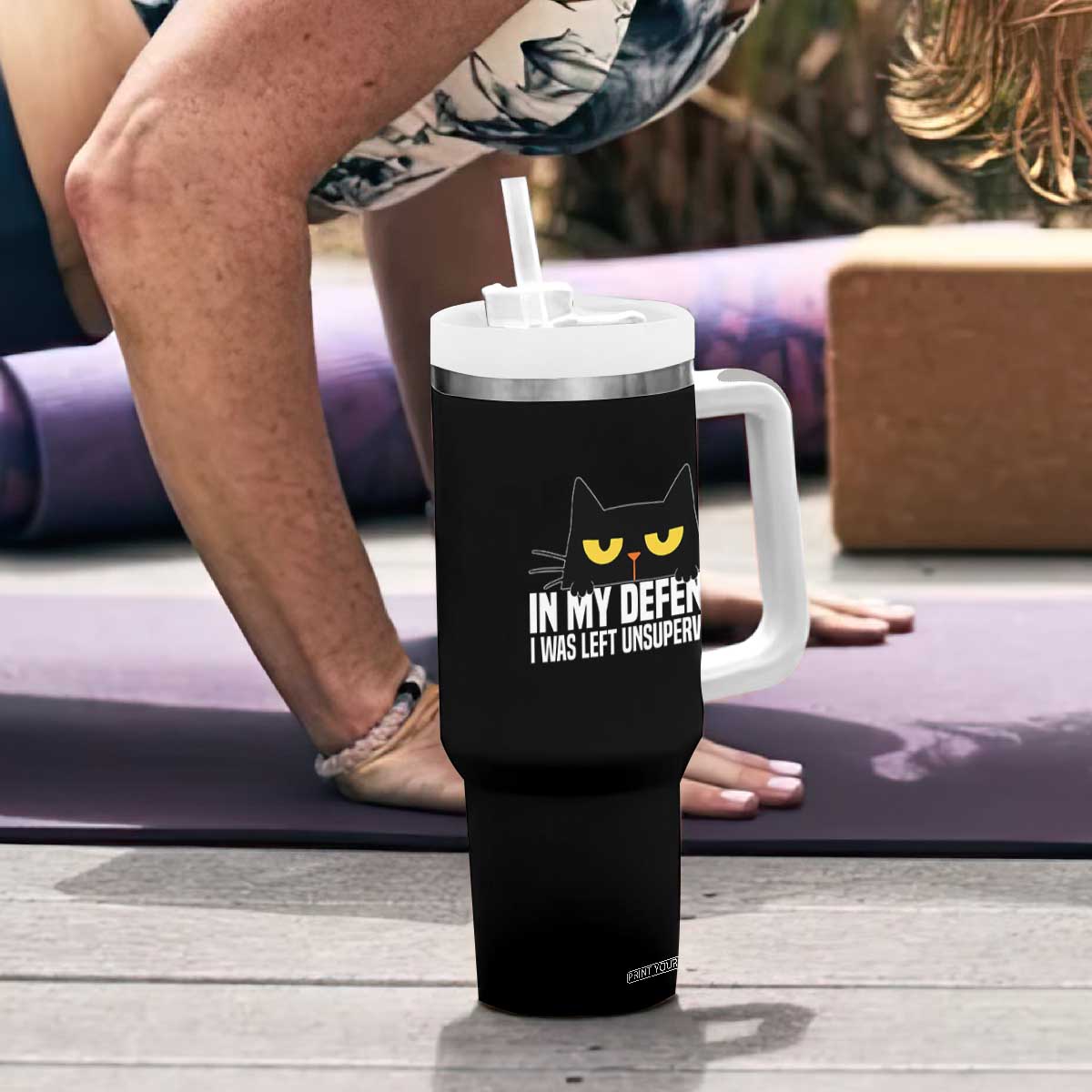 Sarcastic Black Cat Tumbler With Handle In My Defense I Was Left Unsupervised TS14 Print Your Wear