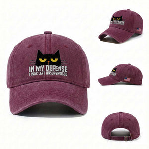 Sarcastic Black Cat Washed Cotton Baseball Cap In My Defense I Was Left Unsupervised TS14 Washed Cap Universal Fit Burgundy Print Your Wear