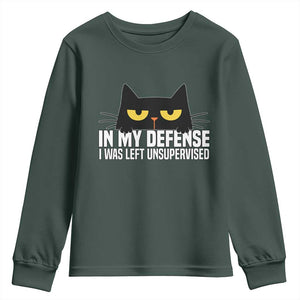 Sarcastic Black Cat Youth Sweatshirt In My Defense I Was Left Unsupervised TS14 Dark Forest Green Print Your Wear