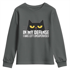 Sarcastic Black Cat Youth Sweatshirt In My Defense I Was Left Unsupervised TS14 Dark Heather Print Your Wear