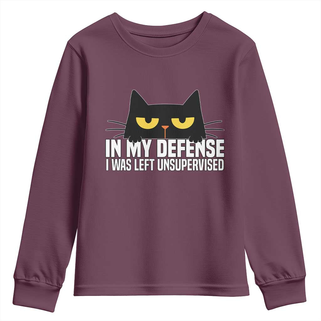 Sarcastic Black Cat Youth Sweatshirt In My Defense I Was Left Unsupervised TS14 Maroon Print Your Wear