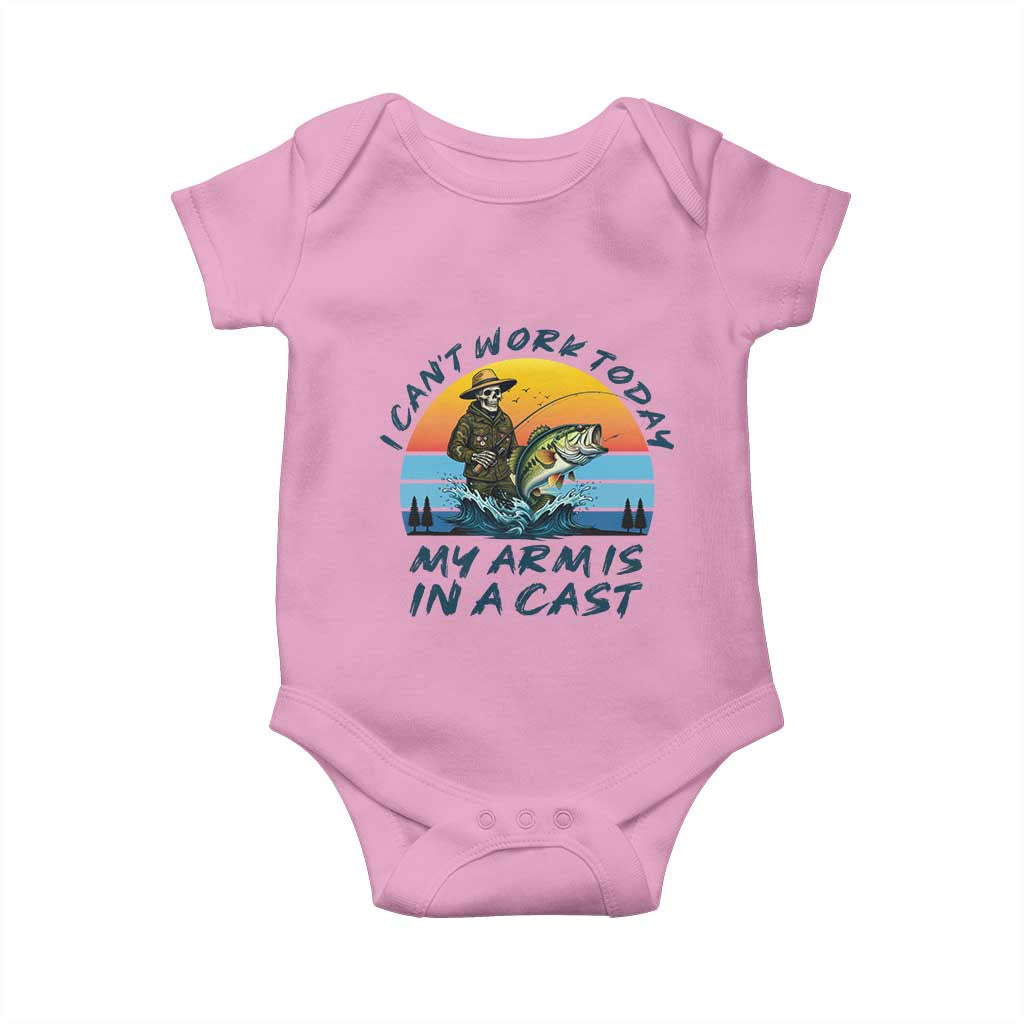 Funny Skeleton Camo Fishing Baby Onesie I Can Not Work Today My Arm Is In A Cast TS14 Light Pink Print Your Wear