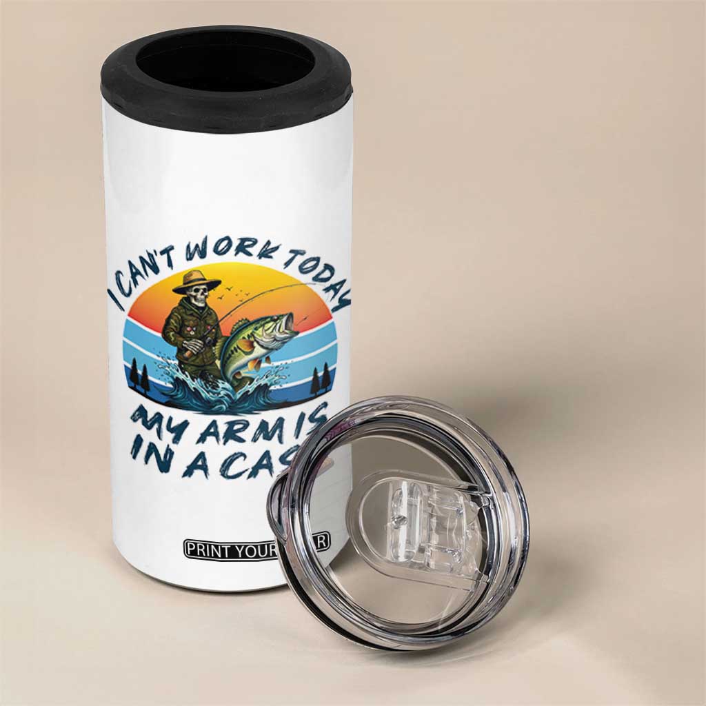 Funny Skeleton Camo Fishing 4 in 1 Can Cooler Tumbler I Can Not Work Today My Arm Is In A Cast TS14 Print Your Wear