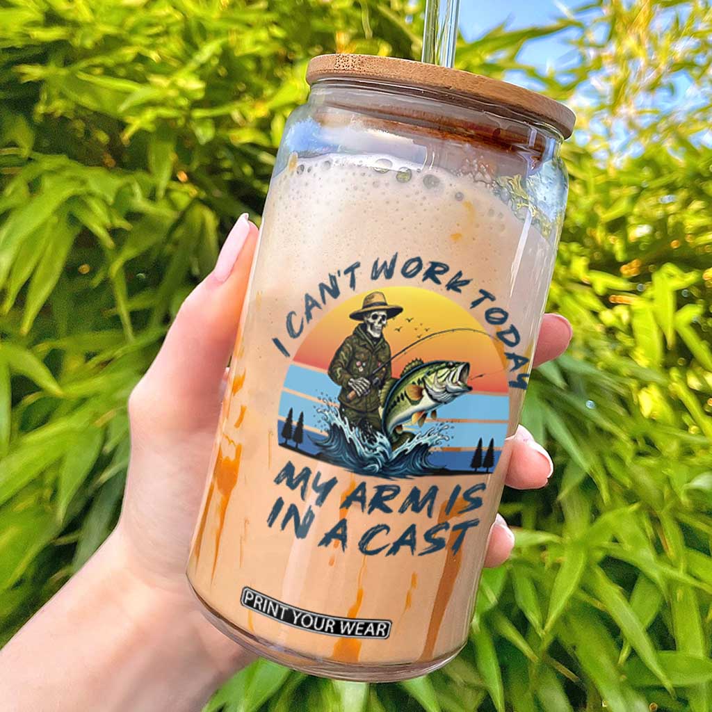 Funny Skeleton Camo Fishing Glass Can I Can Not Work Today My Arm Is In A Cast TS14 White Print Your Wear