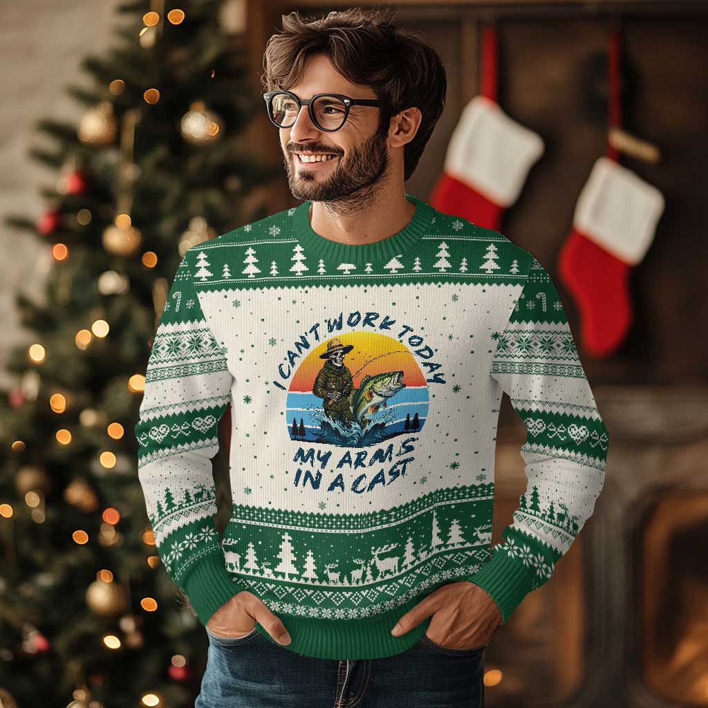 Funny Skeleton Camo Fishing Ugly Christmas Sweater I Can Not Work Today My Arm Is In A Cast TS14 Beige Green Print Your Wear