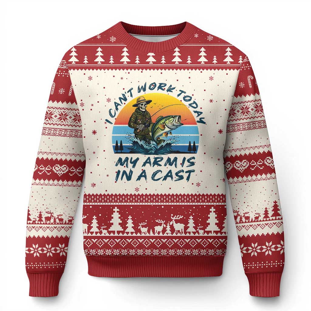 Funny Skeleton Camo Fishing Ugly Christmas Sweater I Can Not Work Today My Arm Is In A Cast TS14 Beige Red Print Your Wear