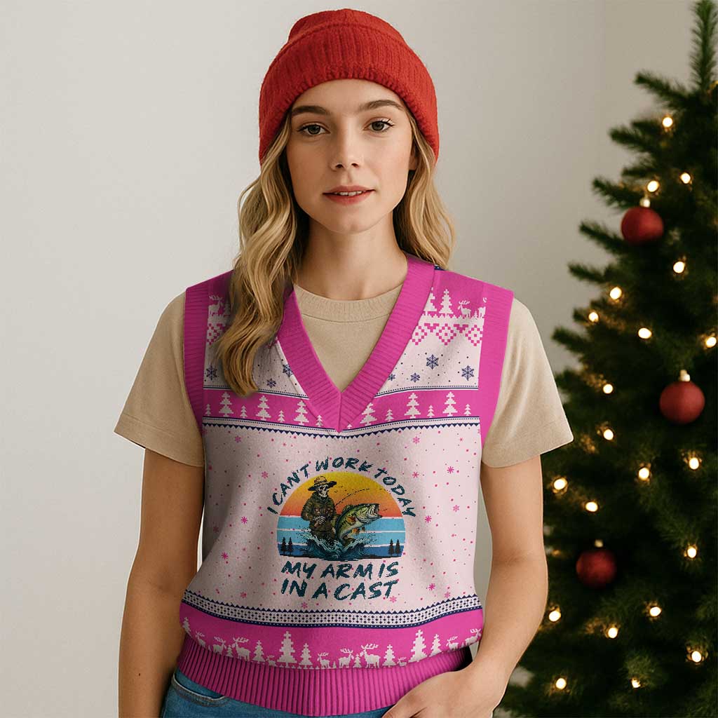 Funny Skeleton Camo Fishing V-Neck Knit Sweater Vest I Can Not Work Today My Arm Is In A Cast TS14 Hot Pink Print Your Wear