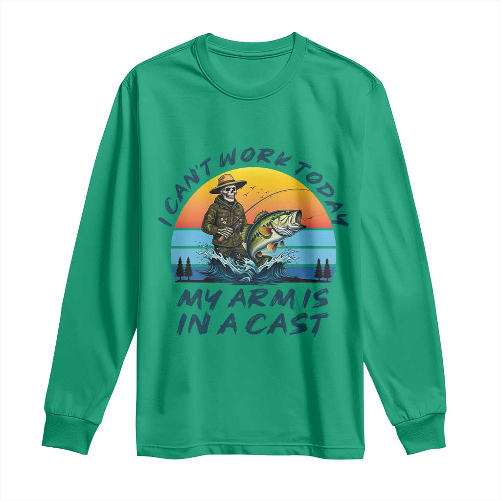 Funny Skeleton Camo Fishing Long Sleeve Shirt I Can Not Work Today My Arm Is In A Cast TS14 Irish Green Print Your Wear